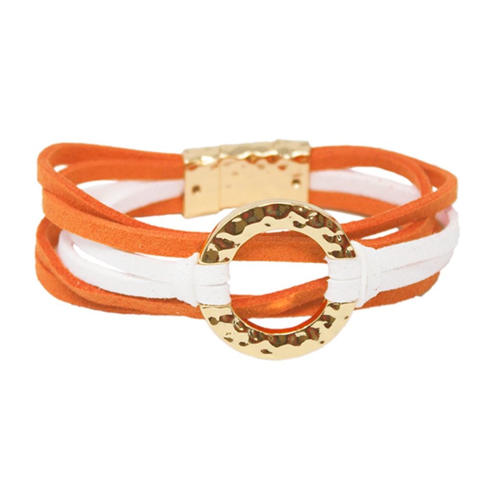 Orange and White Hammered Circle & Suede Bracelet